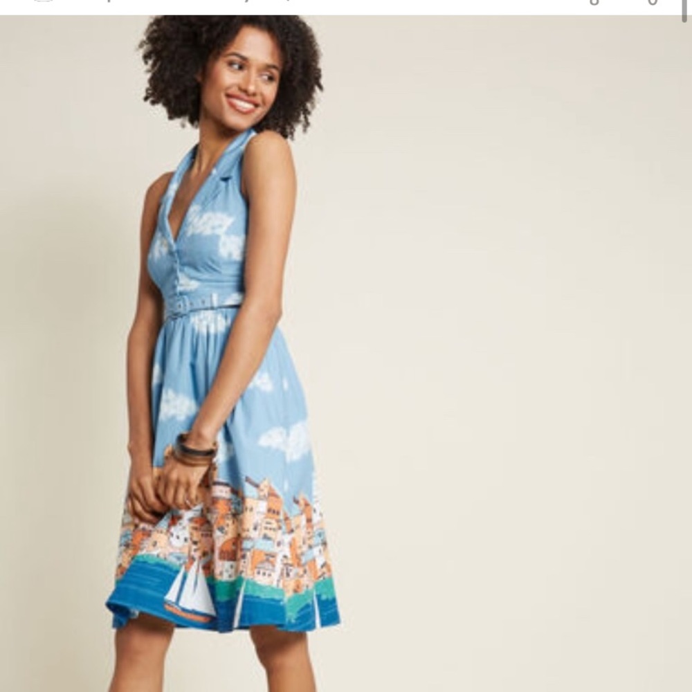 ModCloth Genuine Genius Halter Shirtdress in Village- Blue City Cloud Print
